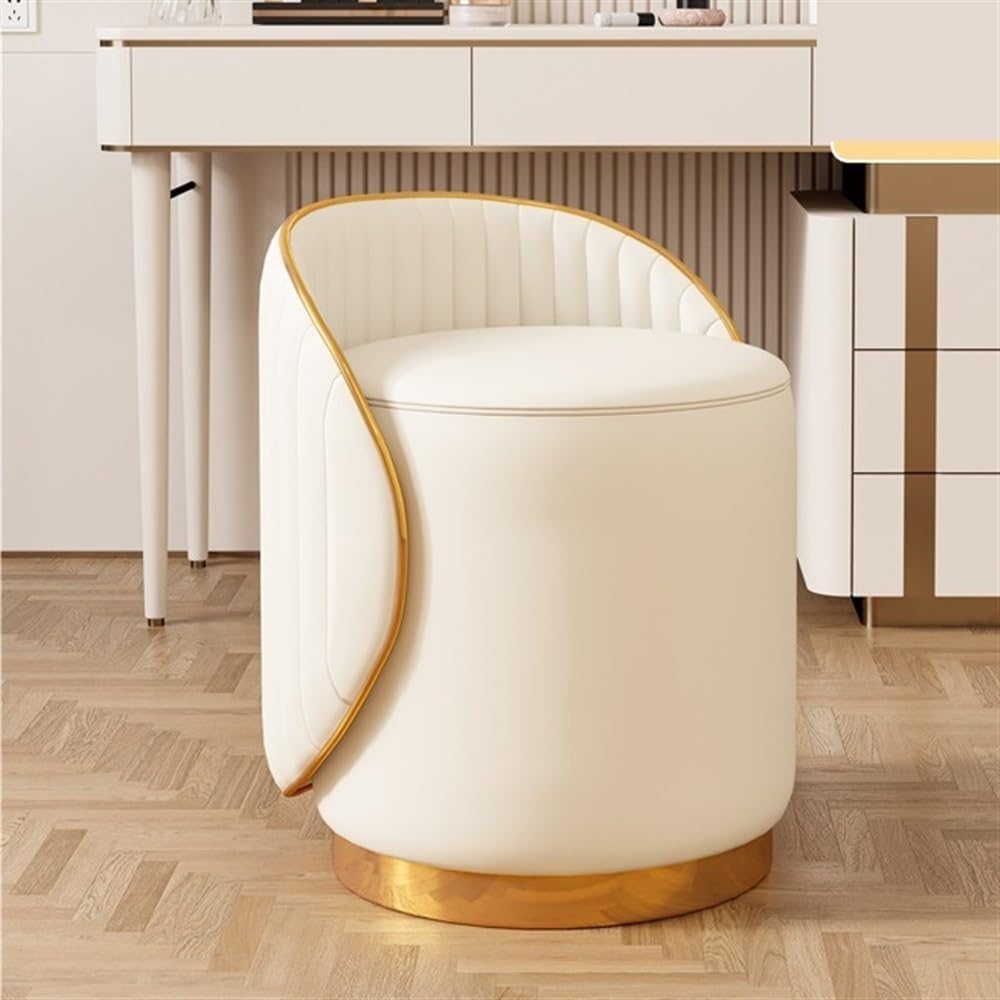 　JHYCCDD RKUVPAE 360° Swivel Makeup Chair, Vanity Stool with Gold Base, Leather Ottoman with Backrest, Modern Round Stool for Living Room, Bedroom(Color:White)