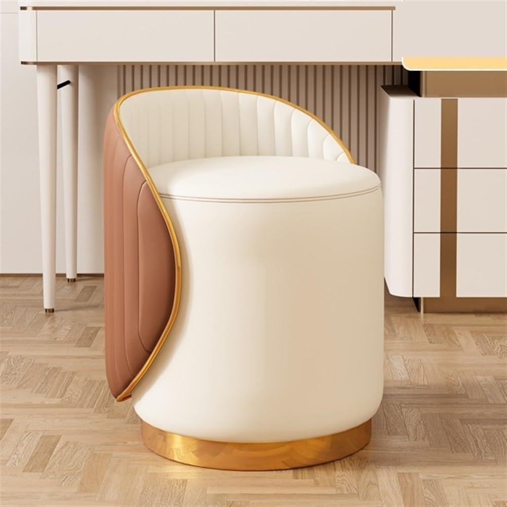 　JHYCCDD RKUVPAE 360° Swivel Makeup Chair, Vanity Stool with Gold Base, Leather Ottoman with Backrest, Modern Round Stool for Living Room, Bedroom(Color:Brown)